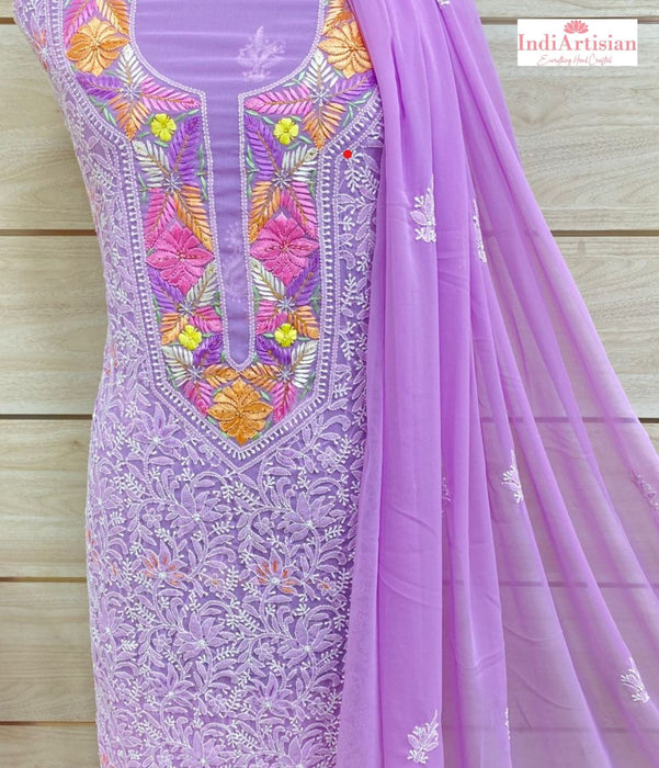 Chikankari with Parsi work Georgette unstitched Kurta & Chunni in Orchid