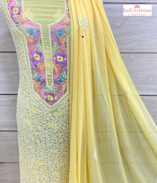 Chikankari with Parsi work Georgette unstitched  Kurta & Chunni in Yellow