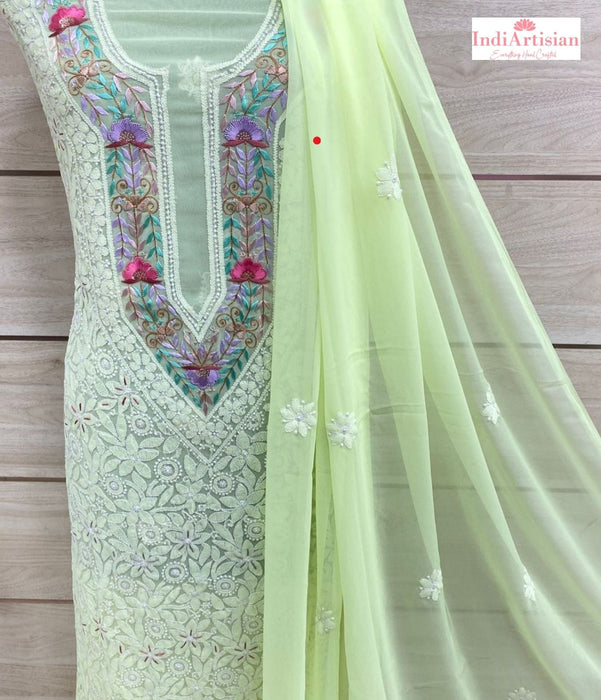 Chikankari with Parsi work Georgette unstitched Kurta & Chunni in Pista Green