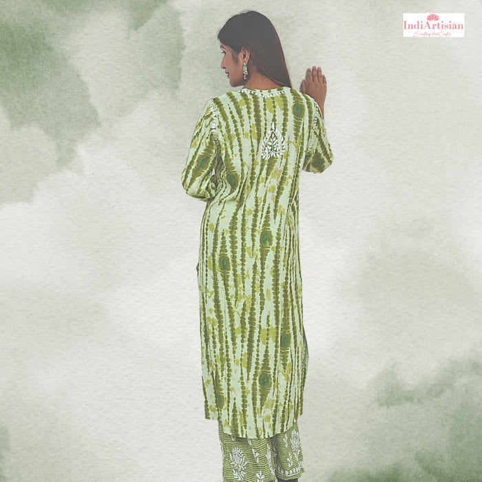 Chikankaari Rayon Slub Straight Kurta & Palazzo Pants Set in Green