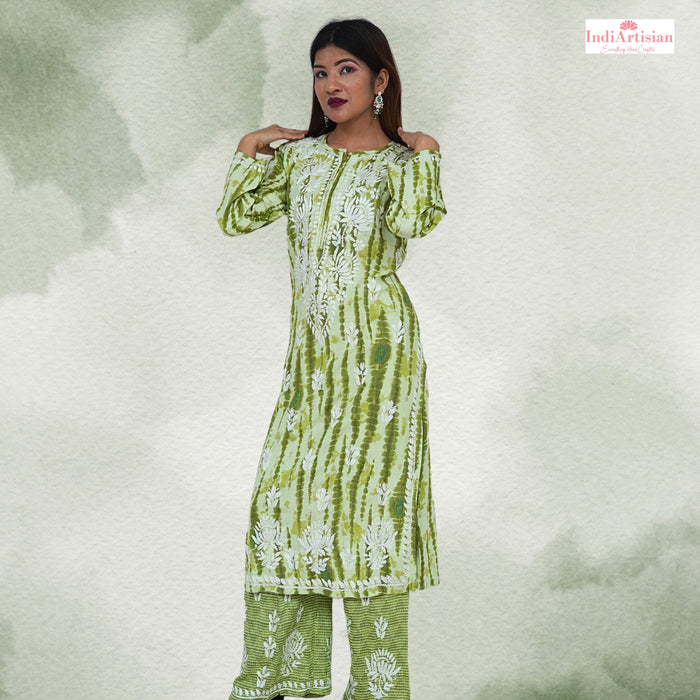 Chikankaari Rayon Slub Straight Kurta & Palazzo Pants Set in Green