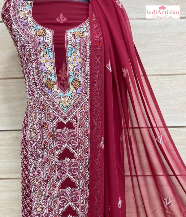 Chikankari with Parsi work Georgette unstitched  Kurta & Chunni in Maroon