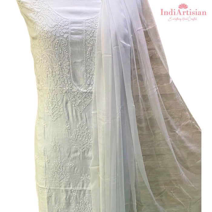 Chikankari in Fine Muslin Cotton unstitched - Kurta, Salwar & Chunni Set in Peach