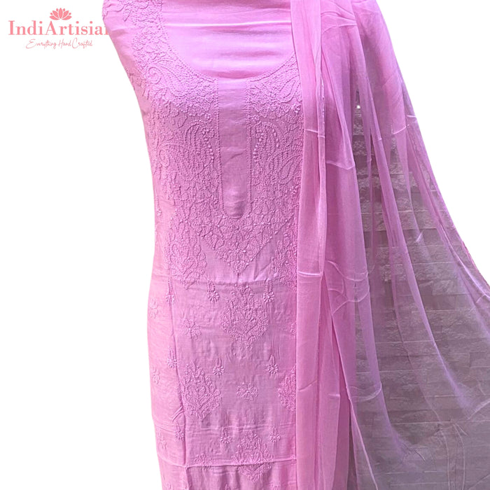 Chikankari in Fine Muslin Cotton unstitched - Kurta, Salwar & Chunni Set in Peach